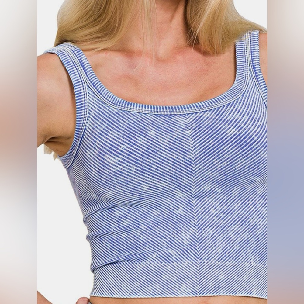 NWT Zenana Light Blue MyKayla Ribbed Knit Scoop Neck Cropped Tank Crop Top - Picture 2 of 3